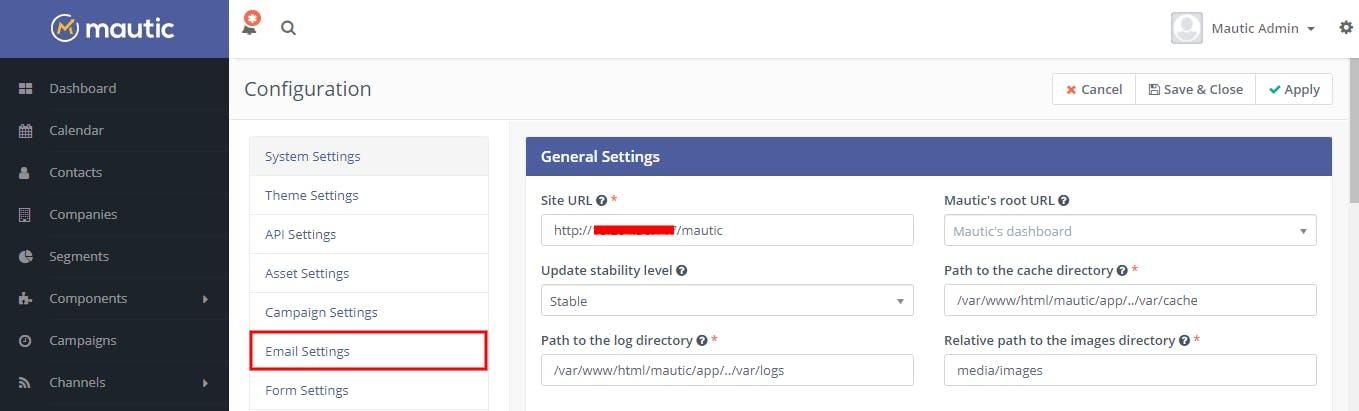 Mautic SMTP configuration panel