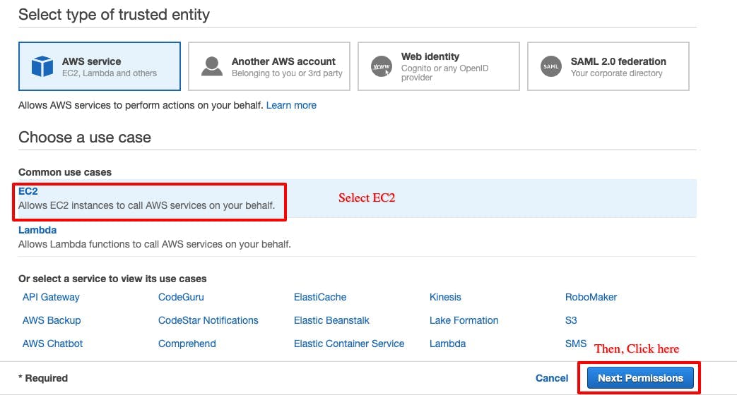 Now choose Role type and select Amazon EC2 and select Next Step