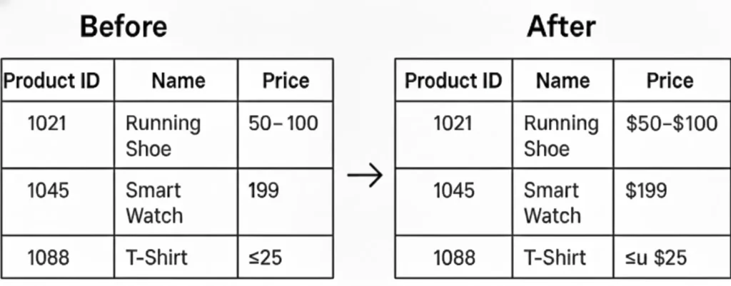 price before after table structure