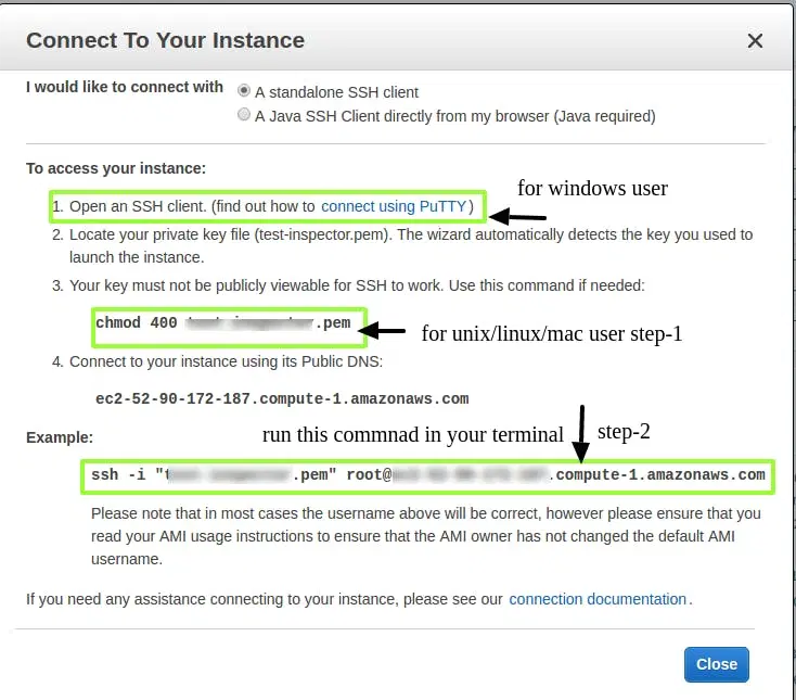 Connect To Your Instance Pop up