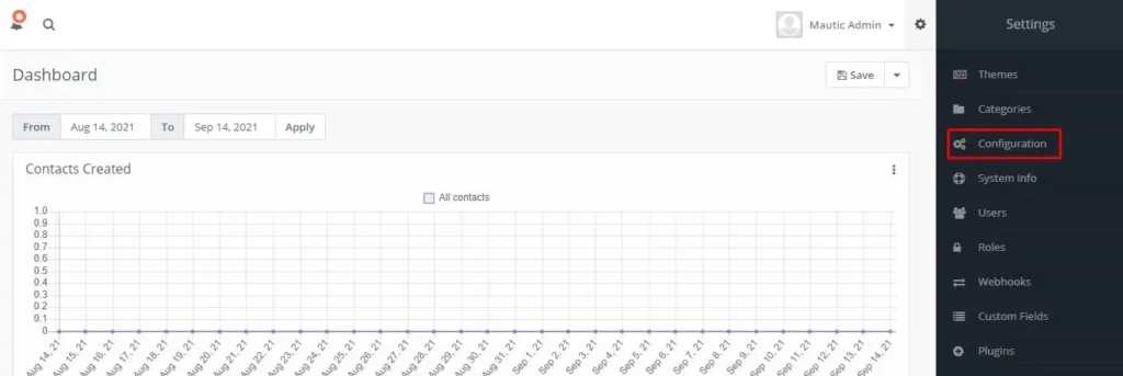Mautic Dashboard Configuration Menu