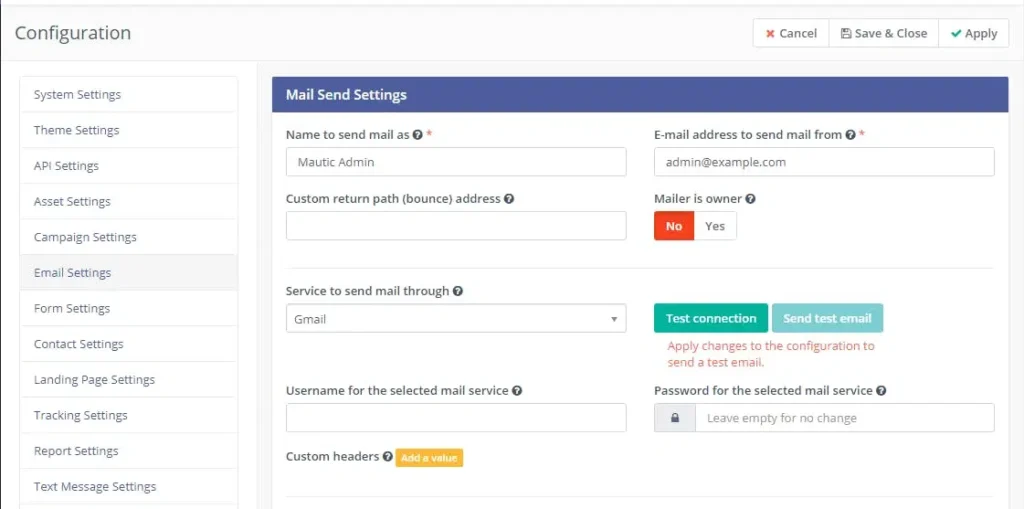 Mautic Email Configuration Tab