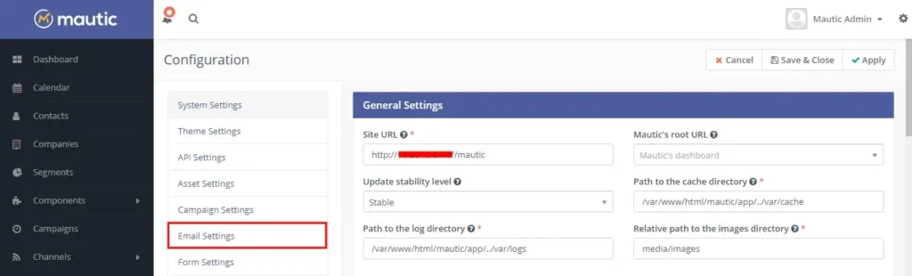 Mautic Email Setting Tab