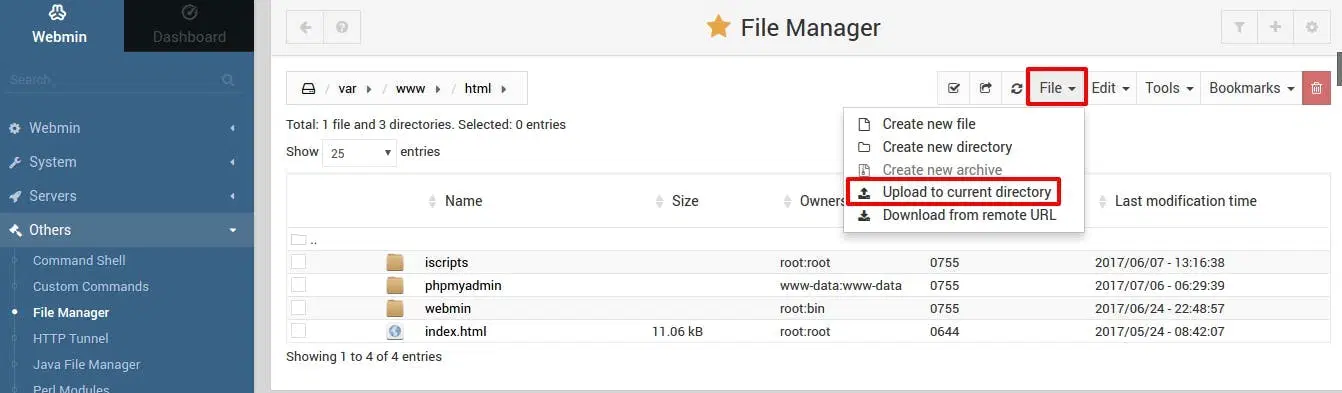 Webmin File Manager Upload to Current Directory